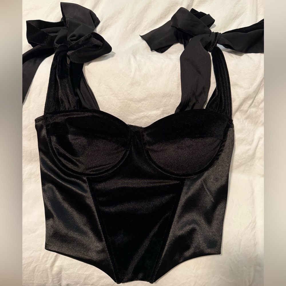 Black Satin Bustier Top with Bow Straps
